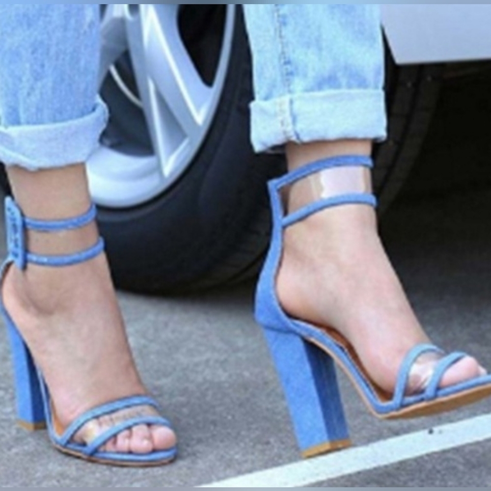 Denim-Textured Block Heeled Sandals